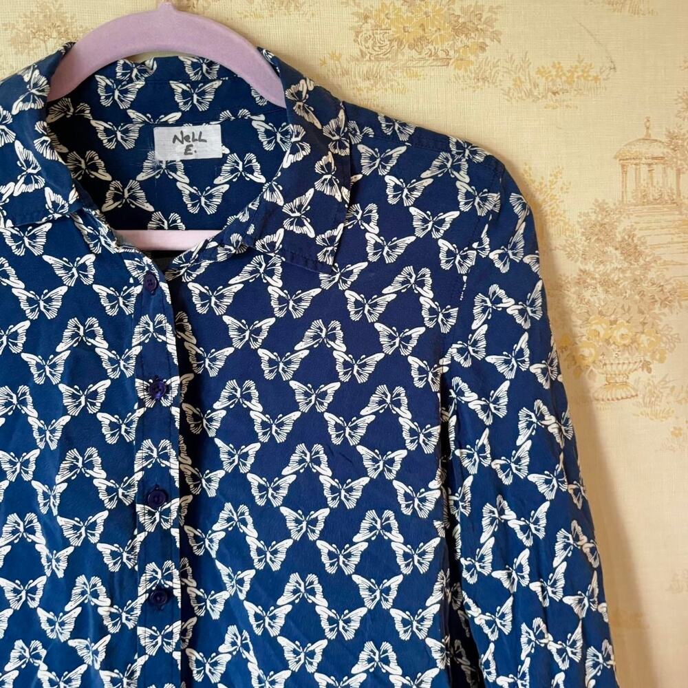 Y2k Navy Blue White Butterfly Print Button Down Shirt S Fairycore Twee Retro